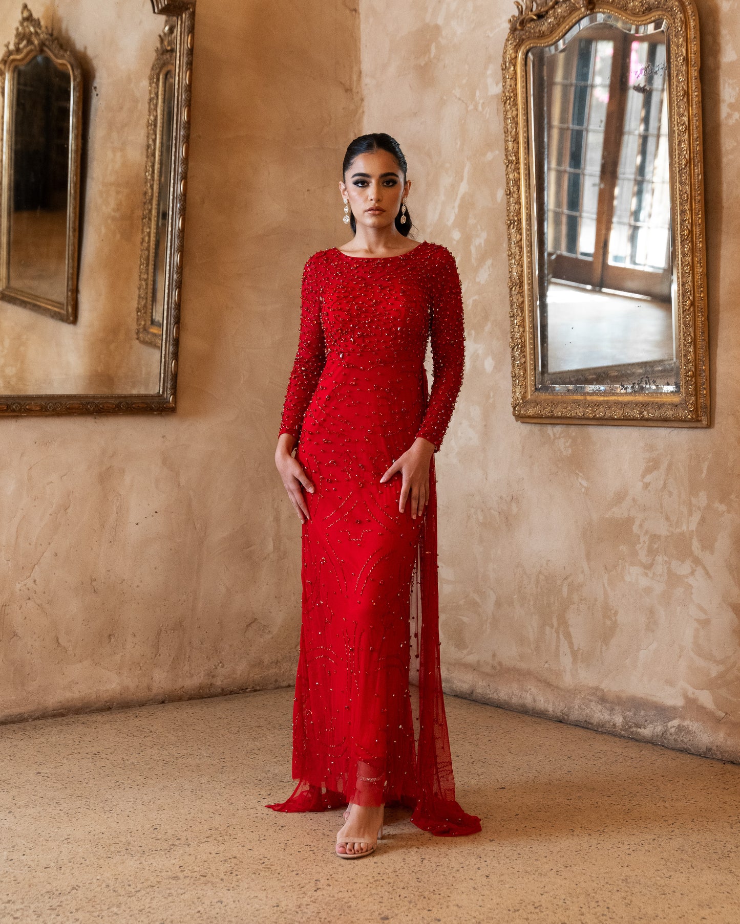 ‘ARIEL’ RUBY RED PANEL TRAIN DRESS WITH GLASS DIAMANTÉ