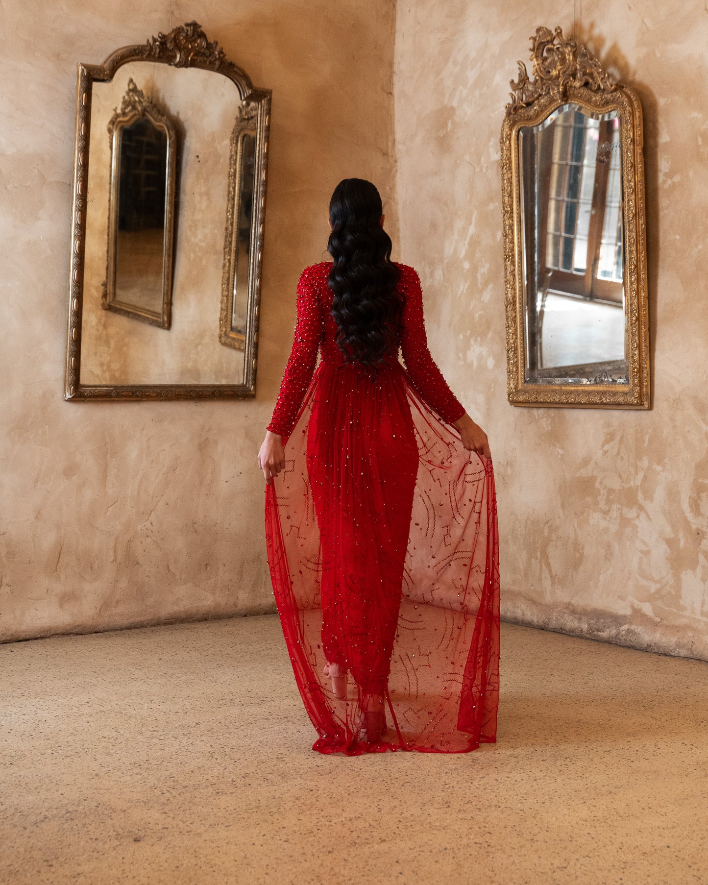 ‘ARIEL’ RUBY RED PANEL TRAIN DRESS WITH GLASS DIAMANTÉ