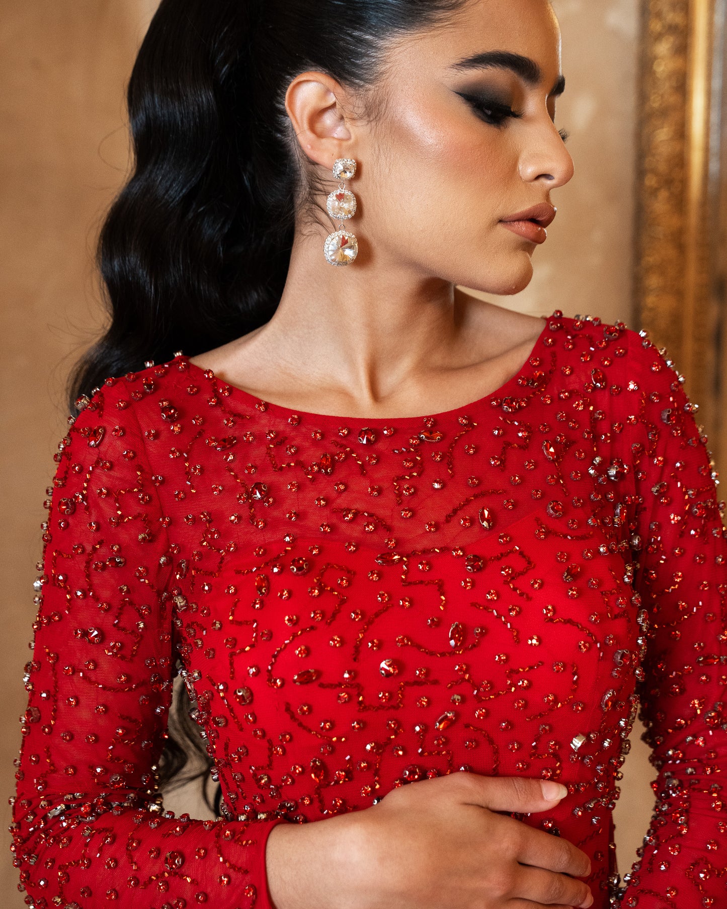 ‘ARIEL’ RUBY RED PANEL TRAIN DRESS WITH GLASS DIAMANTÉ