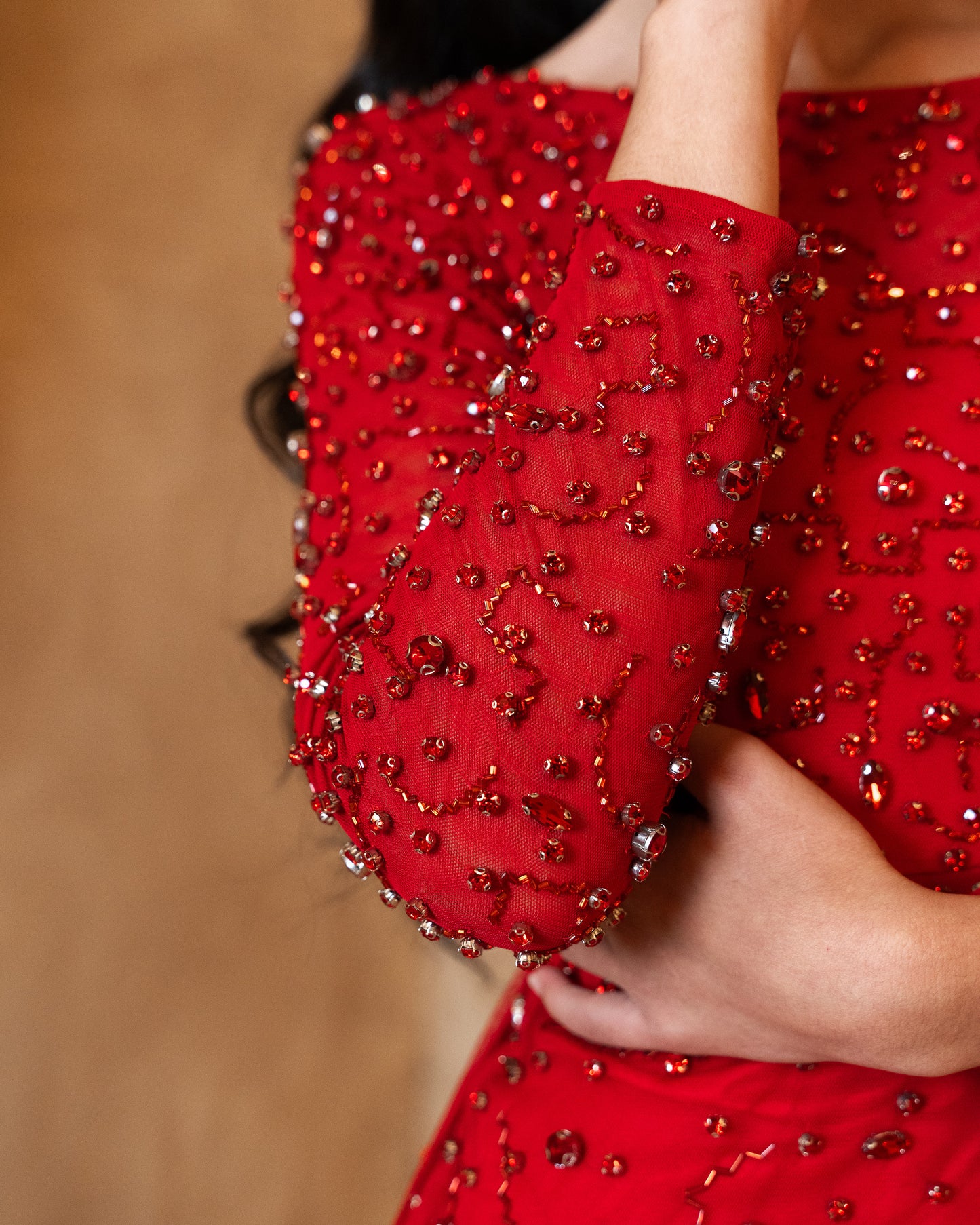 ‘ARIEL’ RUBY RED PANEL TRAIN DRESS WITH GLASS DIAMANTÉ