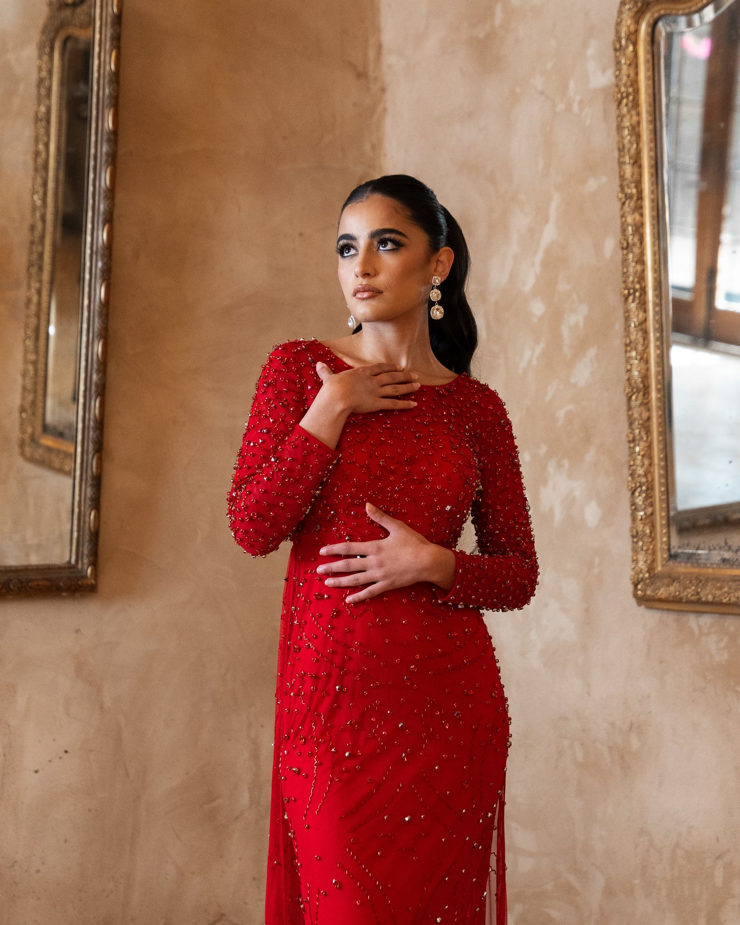 ‘ARIEL’ RUBY RED PANEL TRAIN DRESS WITH GLASS DIAMANTÉ