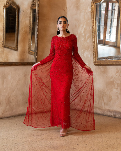 ‘ARIEL’ RUBY RED PANEL TRAIN DRESS WITH GLASS DIAMANTÉ