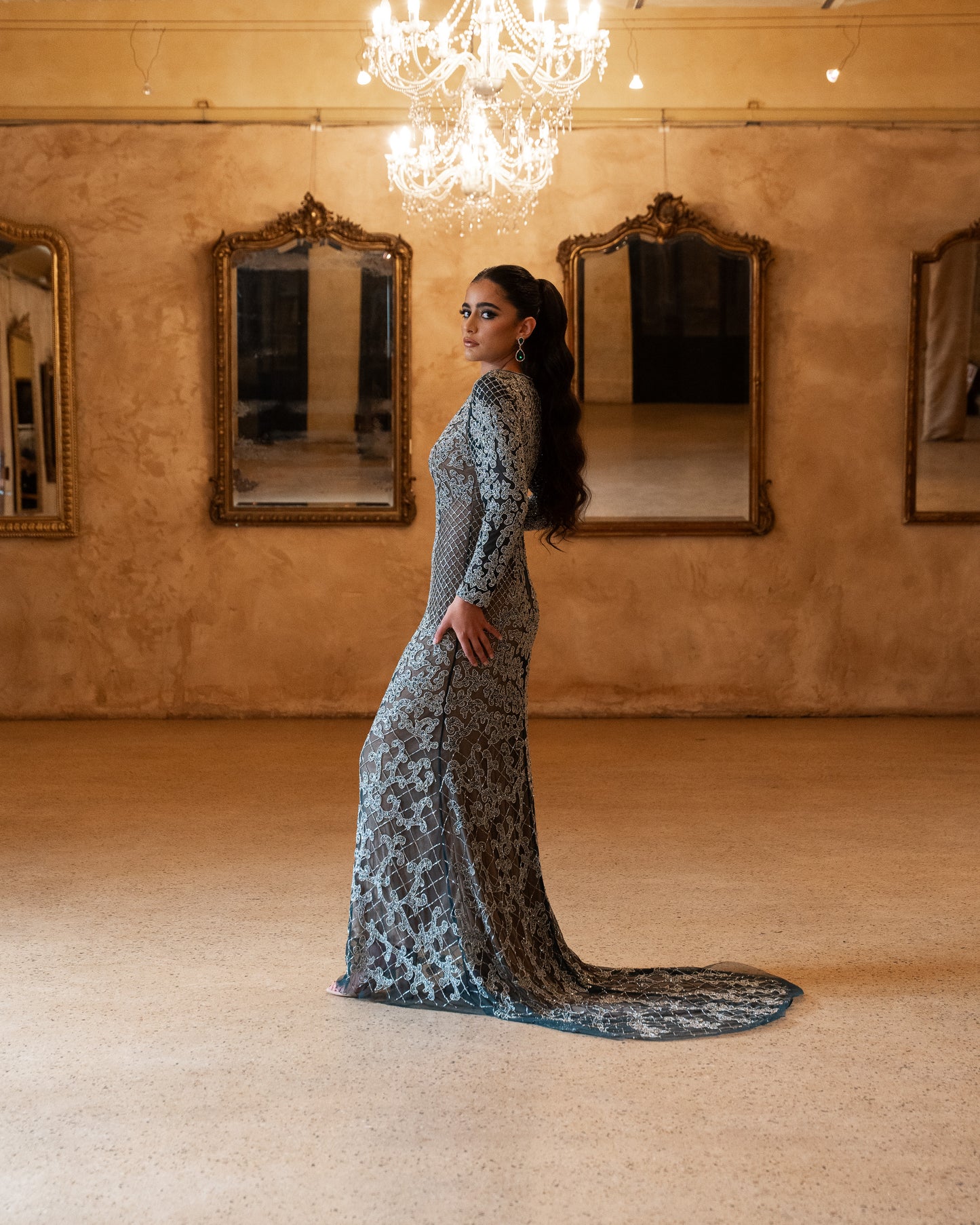 ‘ENVY’ EMERALD EMBELLISHED DRESS WITH CHAPEL TRAIN